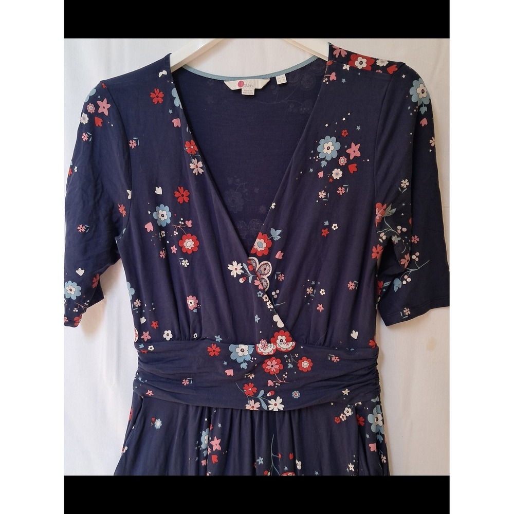 Boden Navy Floral Faux Wrap Midi Dress Short Sleeve Pockets Blue Red US 4L - Picture 10 of 16